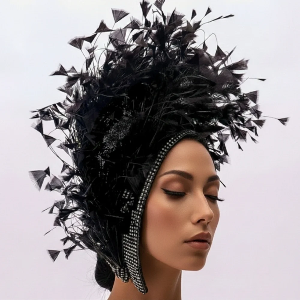 Beloved Millinery Fabulous Black Jeweled Feathered Fascinator Hat Kentucky Derby
